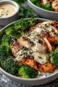 Grilled chicken broccoli bowls with creamy garlic Parmesan sauce served in a white bowl