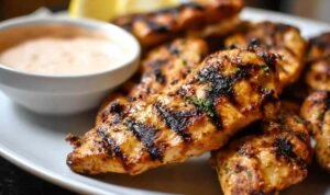 Juicy grilled chicken tenders on a white plate with lemon slices and dipping sauce