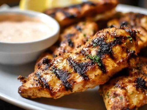 Juicy grilled chicken tenders on a white plate with lemon slices and dipping sauce
