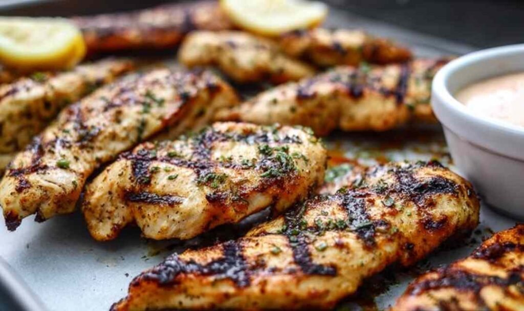 Juicy grilled chicken tenders on a white plate with lemon slices and dipping sauce