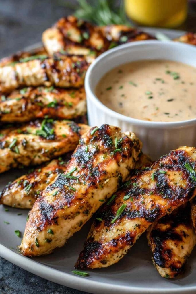 Juicy grilled chicken tenders on a white plate with lemon slices and dipping sauce