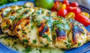 Grilled salsa verde pepper jack chicken on a plate with melted cheese, fresh cilantro, and lime wedges
