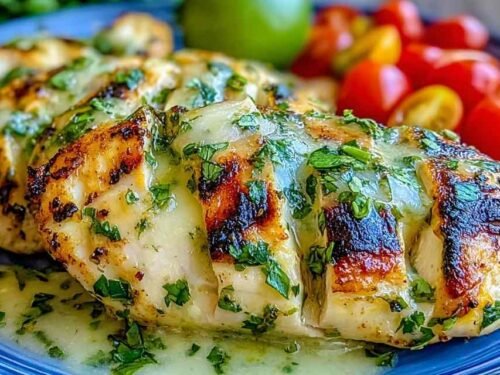 Grilled salsa verde pepper jack chicken on a plate with melted cheese, fresh cilantro, and lime wedges