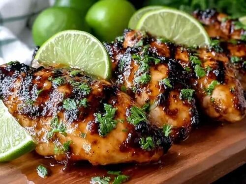 Grilled Spicy Honey Lime Chicken thighs cooking on a hot grill with char marks and a honey lime glaze