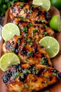 Grilled Spicy Honey Lime Chicken thighs cooking on a hot grill with char marks and a honey lime glaze
