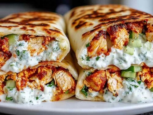 High-protein crispy cottage cheese flatbread chicken wrap sliced in half showing chicken, lettuce, and yogurt sauce inside