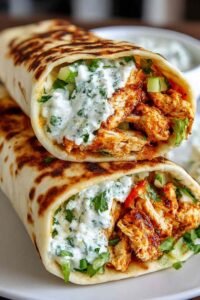 High-protein crispy cottage cheese flatbread chicken wrap sliced in half showing chicken, lettuce, and yogurt sauce inside