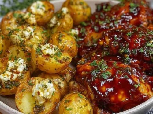 Sheet pan of Honey BBQ Chicken and Potatoes fresh from the oven with golden caramelized edges and fresh parsley garnish