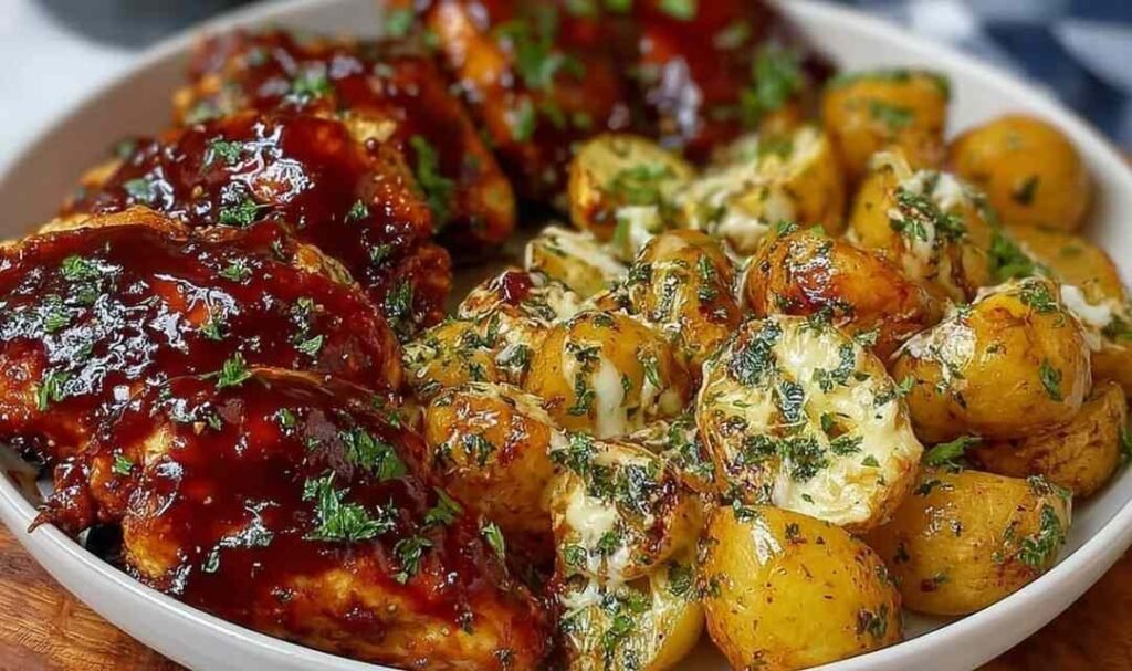 Sheet pan of Honey BBQ Chicken and Potatoes fresh from the oven with golden caramelized edges and fresh parsley garnish