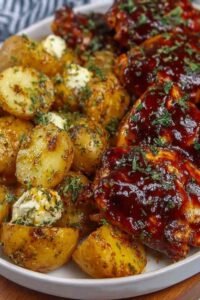 Sheet pan of Honey BBQ Chicken and Potatoes fresh from the oven with golden caramelized edges and fresh parsley garnish