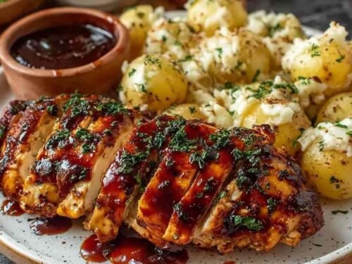 Honey BBQ Chicken with Creamy Garlic Parmesan Potatoes served hot in a cast iron skillet with fresh parsley garnish