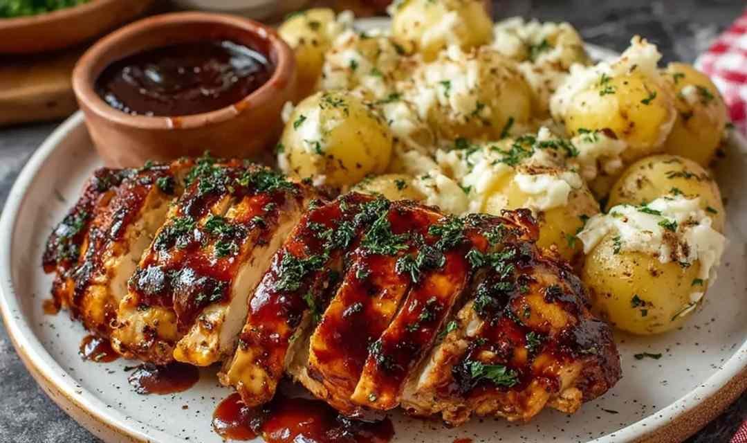 Honey BBQ Chicken with Creamy Garlic Parmesan Potatoes