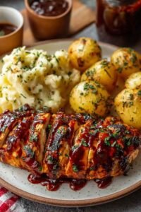 Honey BBQ Chicken with Creamy Garlic Parmesan Potatoes served hot in a cast iron skillet with fresh parsley garnish