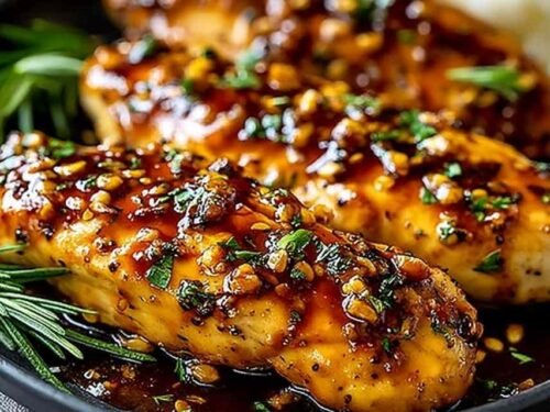 Honey garlic chicken breasts glazed and golden, served over steamed jasmine rice with sesame seeds and green onions