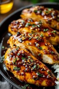 Honey garlic chicken breasts glazed and golden, served over steamed jasmine rice with sesame seeds and green onions