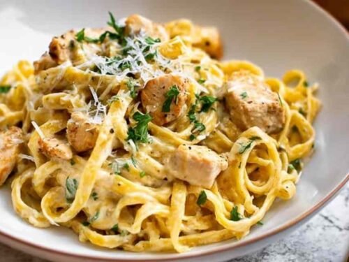 Creamy Instant Pot Chicken Alfredo served in a white bowl with fresh parsley garnish
