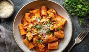Instant Pot chicken parmesan pasta in an Instant Pot with melted mozzarella and Parmesan cheese and fresh basil garnish