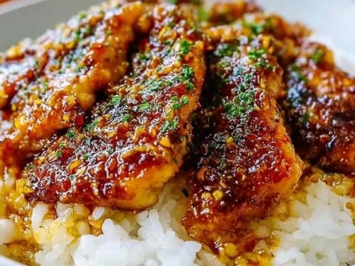 Lazy Honey Garlic Chicken pieces coated in sticky honey garlic sauce served over steamed jasmine rice, garnished with sesame seeds and green onions