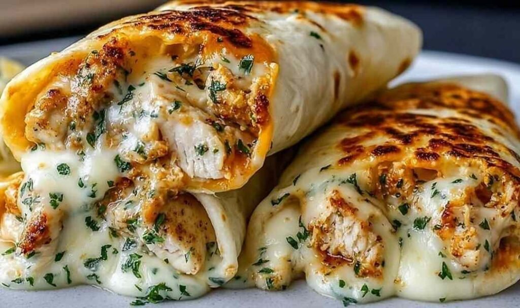 Golden low carb cheesy garlic chicken wraps sliced in half on a white plate, garnished with fresh parsley