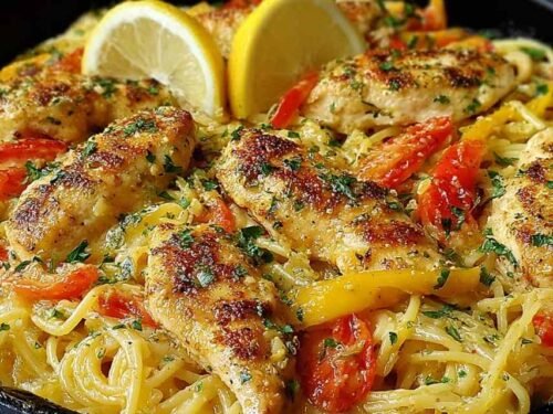 Olive Garden chicken scampi with crispy chicken tenderloins over angel hair pasta in creamy garlic Parmesan sauce