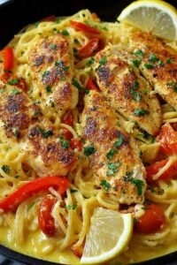 Olive Garden chicken scampi with crispy chicken tenderloins over angel hair pasta in creamy garlic Parmesan sauce