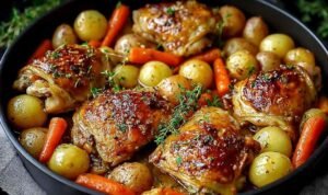 One-pan roasted chicken thighs with carrots and Yukon Gold potatoes on a rimmed baking sheet, golden crispy skin seasoned with garlic and herbs