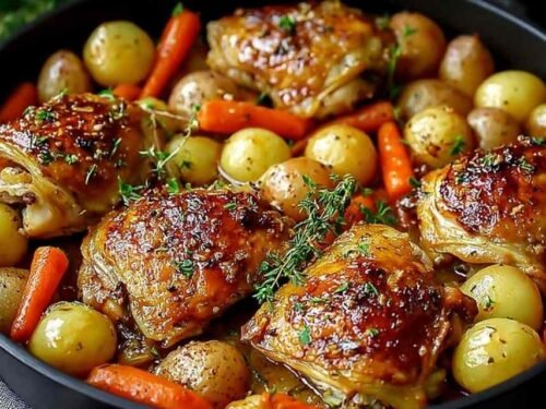 One-pan roasted chicken thighs with carrots and Yukon Gold potatoes on a rimmed baking sheet, golden crispy skin seasoned with garlic and herbs