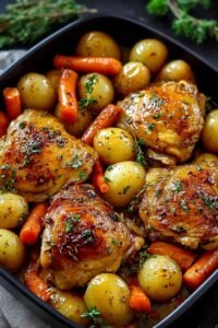 One-pan roasted chicken thighs with carrots and Yukon Gold potatoes on a rimmed baking sheet, golden crispy skin seasoned with garlic and herbs