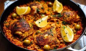One pan Spanish chicken and rice with smoky paprika chicken thighs, tomato rice, green olives, and lemon wedges in a large skillet