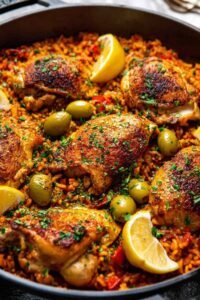 One pan Spanish chicken and rice with smoky paprika chicken thighs, tomato rice, green olives, and lemon wedges in a large skillet