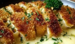 Parmesan Crusted Chicken with Creamy Garlic Sauce Parmesan Crusted Chicken with Creamy Garlic Sauce on a baking sheet with golden crust and fresh parsley