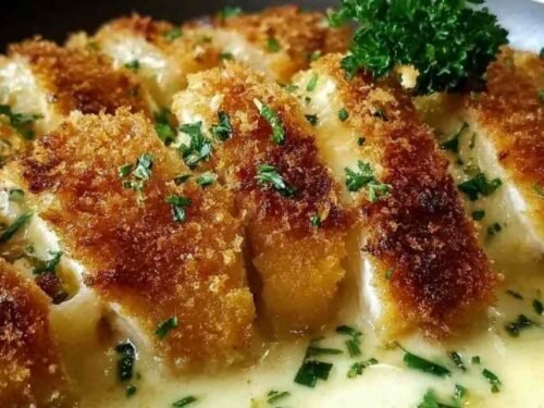 Parmesan Crusted Chicken with Creamy Garlic Sauce on a baking sheet with golden crust and fresh parsley