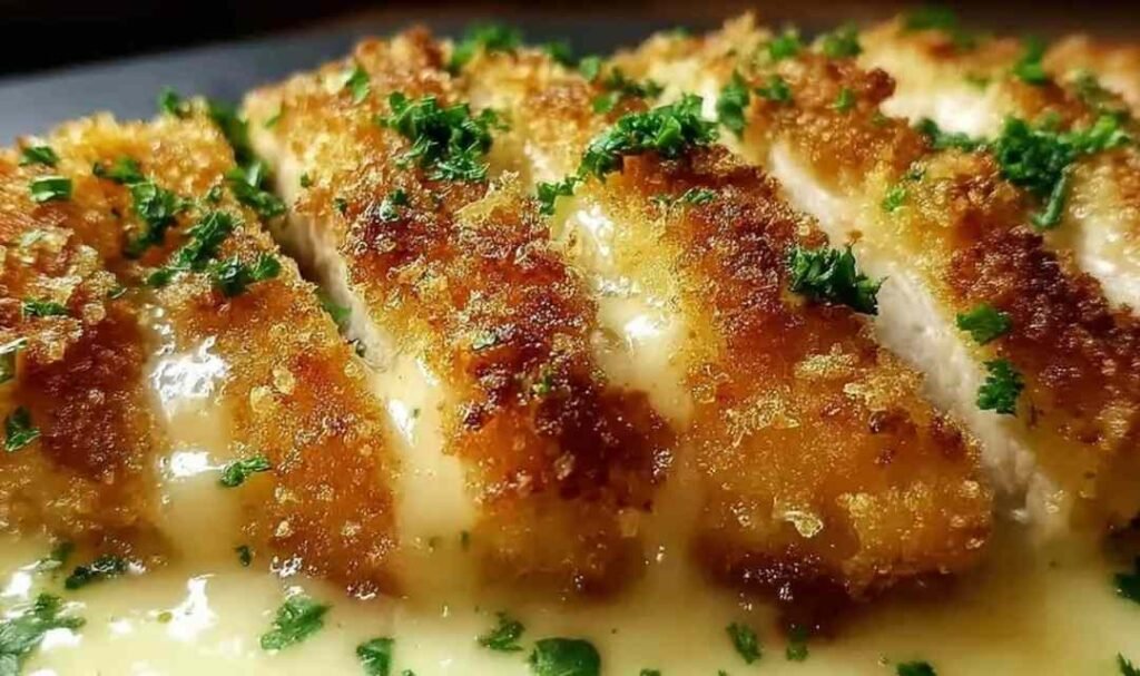 Parmesan Crusted Chicken with Creamy Garlic Sauce on a baking sheet with golden crust and fresh parsley