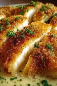 Parmesan Crusted Chicken with Creamy Garlic Sauce on a baking sheet with golden crust and fresh parsley
