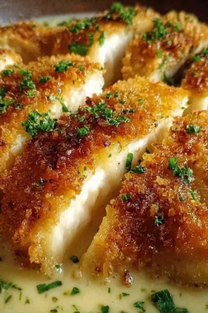Parmesan Crusted Chicken with Creamy Garlic Sauce on a baking sheet with golden crust and fresh parsley