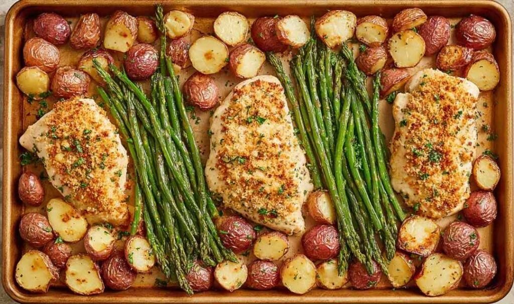 Parmesan Crusted Chicken Sheet Pan Dinner with golden chicken breasts, roasted red potatoes, and green beans on a sheet pan