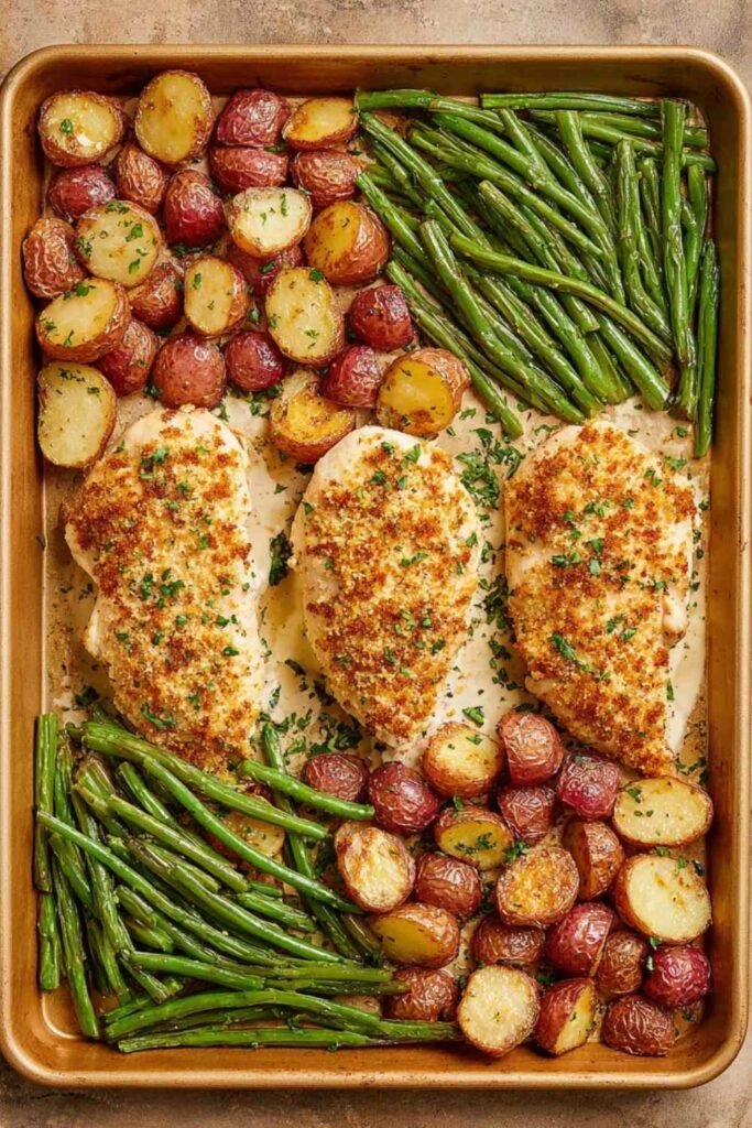 Parmesan Crusted Chicken Sheet Pan Dinner with golden chicken breasts, roasted red potatoes, and green beans on a sheet pan