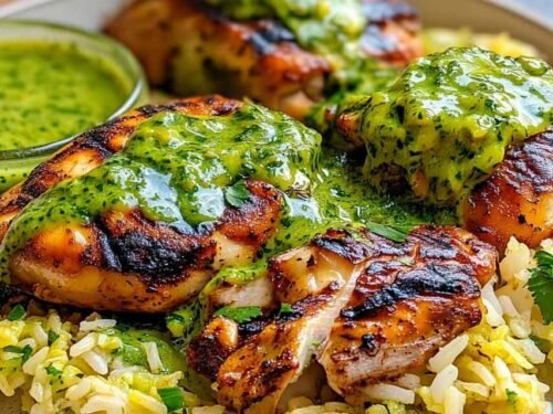 Peruvian chicken and rice with green sauce served on a plate with lime wedges and fresh cilantro