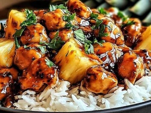 A white bowl of pineapple chicken and rice topped with green onions and sesame seeds in a glossy sweet soy sauce
