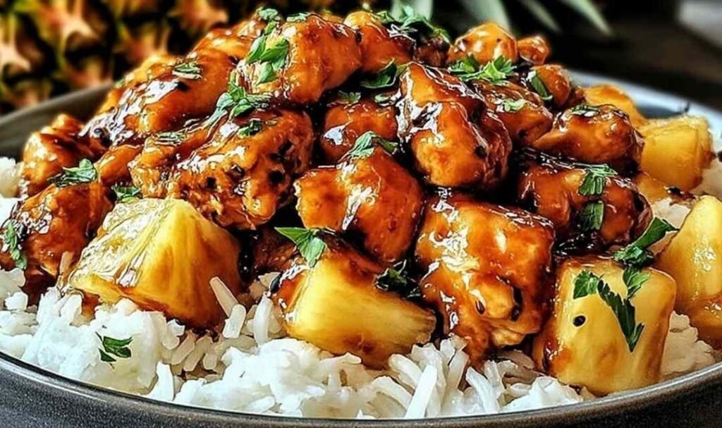 A white bowl of pineapple chicken and rice topped with green onions and sesame seeds in a glossy sweet soy sauce