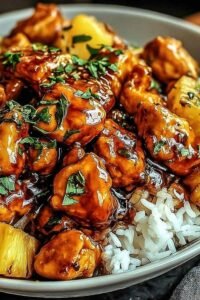 A white bowl of pineapple chicken and rice topped with green onions and sesame seeds in a glossy sweet soy sauce