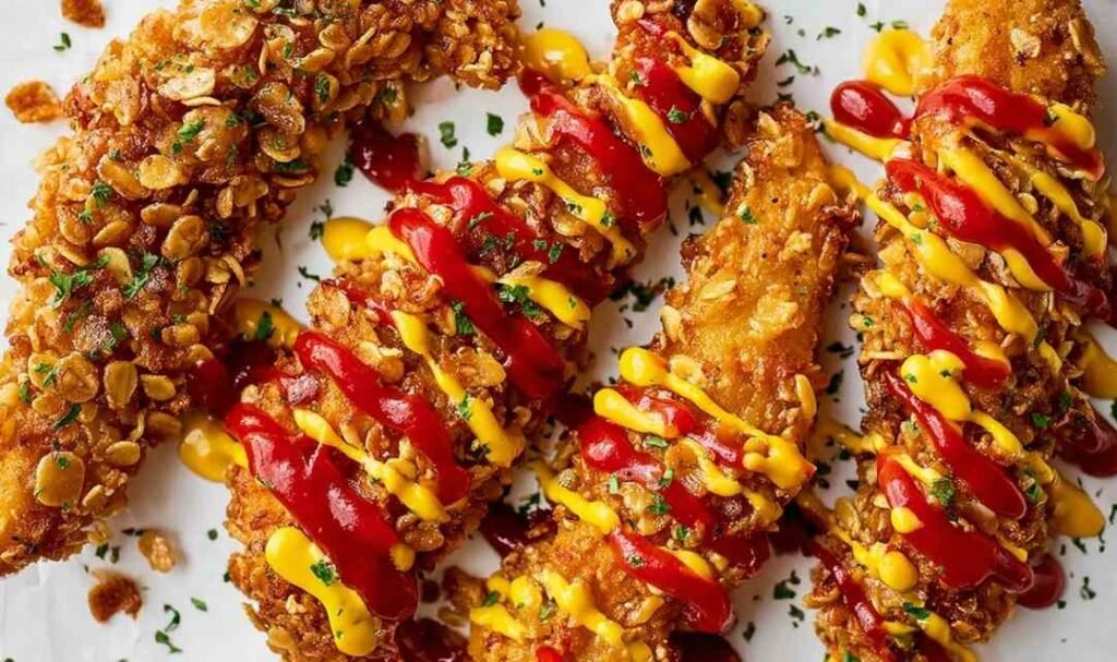 Golden pretzel crusted chicken tenders resting on a wire rack ready to serve