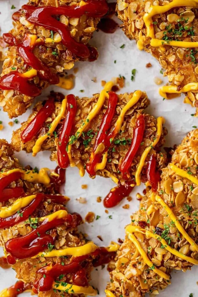Golden pretzel crusted chicken tenders resting on a wire rack ready to serve