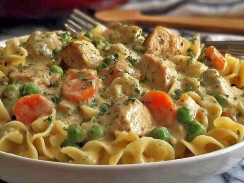 Chicken pot pie pasta in a white bowl with creamy sauce, tender chicken chunks, and mixed vegetables over egg noodles