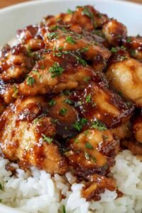 Sticky Honey Butter Chicken in a skillet coated in a rich honey garlic glaze garnished with fresh parsley
