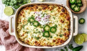 Salsa Verde Chicken Casserole with golden melted cheese and fresh cilantro garnish in a white baking dish