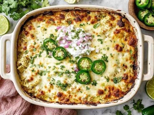 Salsa Verde Chicken Casserole with golden melted cheese and fresh cilantro garnish in a white baking dish