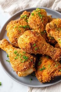 Crispy homemade shake and bake chicken thighs and drumsticks on a wire rack fresh out of the oven