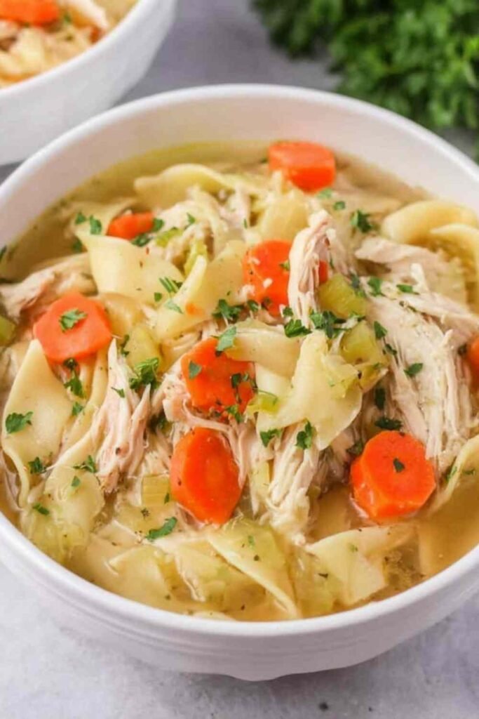 Overhead view of homemade shredded chicken noodle soup with wide egg noodles, carrots, and celery in a Dutch oven