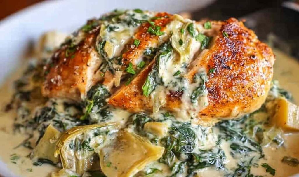 Creamy spinach artichoke chicken in a skillet with Parmesan cheese and wilted spinach